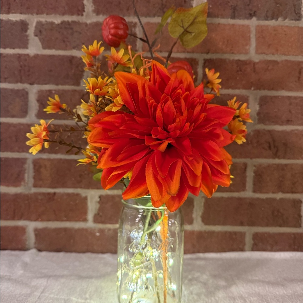 Autumn Floral Arrangement in Mason Jar with LED lights